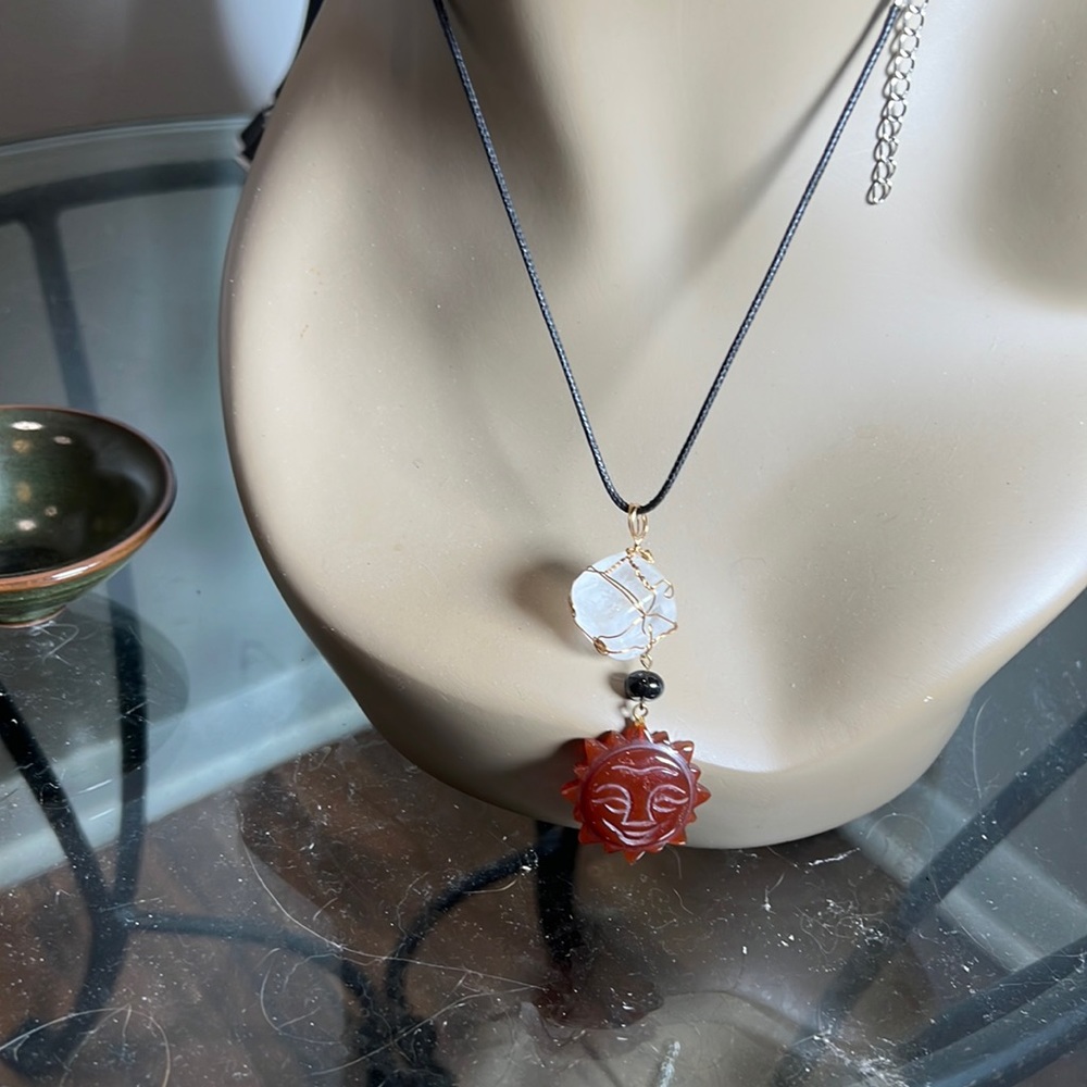 #17 Clear Quartz Crystal Cube w/ Carved Carnelian Sun black Agate bead Pendant